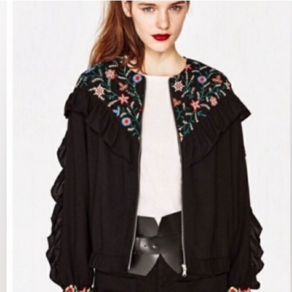 Zara TRF Floral Embroidered Bomber Jacket Ruffle Sleeves